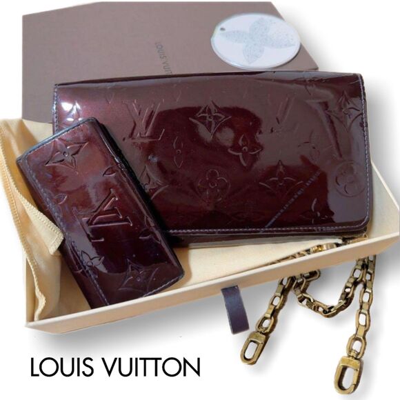 Louis Vuitton COMPLETE SET Burgundy Vernis Long Wallet w/ Chain, Key Case, & Box - Picture 1 of 12